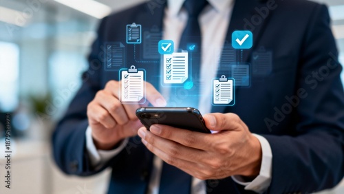 Wallpaper Mural Businessman using smartphone with digital icons Torontodigital.ca