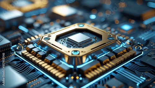 Futuristic CPU Processor with Glowing Blue Circuits and Metallic Details