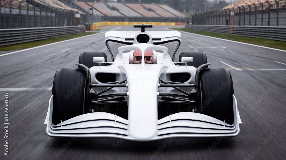 Fototapeta premium white racing car with a pilot in a pink helmet moving fast on the empty track highlighting symmetry and aerodynamics of a professional formula one car in the championship of 2026