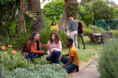 Canvas-taulu Diverse family gardening by garden bed planting orange blooms and watering with