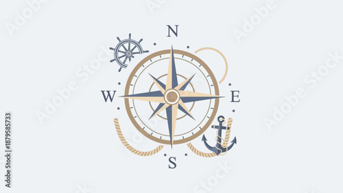 Nautical compass rose emblem with anchor and ship wheel, marine navigation and travel concept