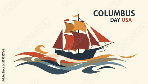Stylized illustration of an ancient sailing ship with majestic sails journeying through dynamic ocean waves, symbolizing the spirit of exploration, historical discovery, and maritime adventure
