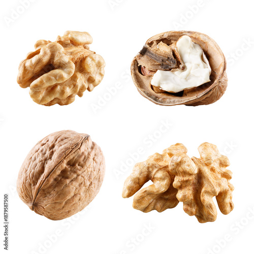 Set of walnuts isolated on transparent background. PNG
