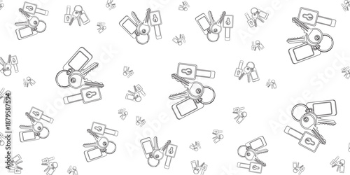 A charming scattered pattern of hand-drawn keys with circular tags on a white background
