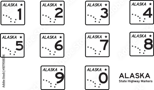 Alaska US State Highway Shield Marker Template Number 0 to 9 Editable Vector