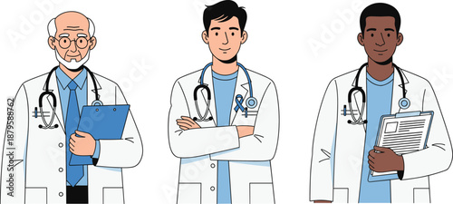 Medical professionals illustration, diverse doctors team, healthcare providers, stethoscope icons, hospital staff, clinical teamwork, medical chart, professional attire, healthcare concept art