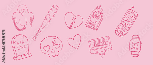 Y2K anti valentine hand drawn vector line art set with ghost burn book and rip love for boho aesthetic grunge wedding invitation wall art illustration