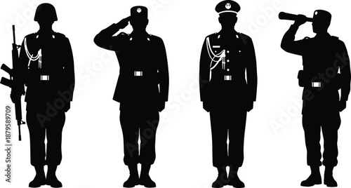 Military officer silhouette set illustration uniformed armed forces personnel saluting standing observing vector isolated on white background defense concept design