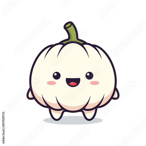 Cute cartoon garlic character with smiling face on white background