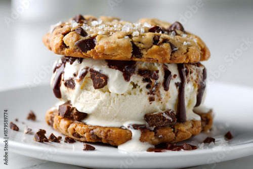 Close Up Eye Level Shot of Gourmet Ice Cream Sandwiched Between Delicious Cookies with Drizzle