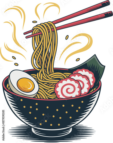  Delicious Japanese ramen noodle bowl vector illustration featuring chopsticks lifting noodles with egg and seaweed designed in a stylized pop art woodcut aesthetic for food menus.