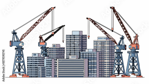 Towering cranes construct a cityscape of modern buildings, a scene of urban development