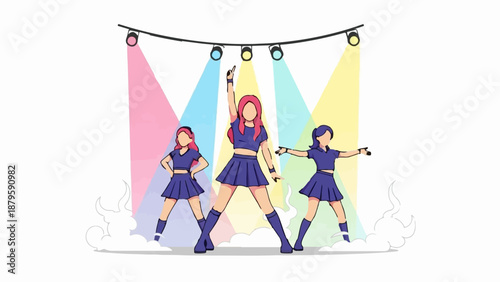 Trio of dancers in matching blue outfits perform on a stage with colorful spotlights