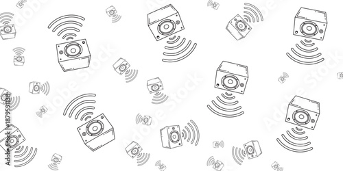Wireless speaker devices in a seamless pattern, background illustration with sound waves