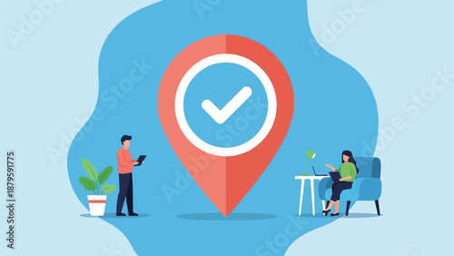 Two people engage in remote work, supervised by a central location marker with a checkmark