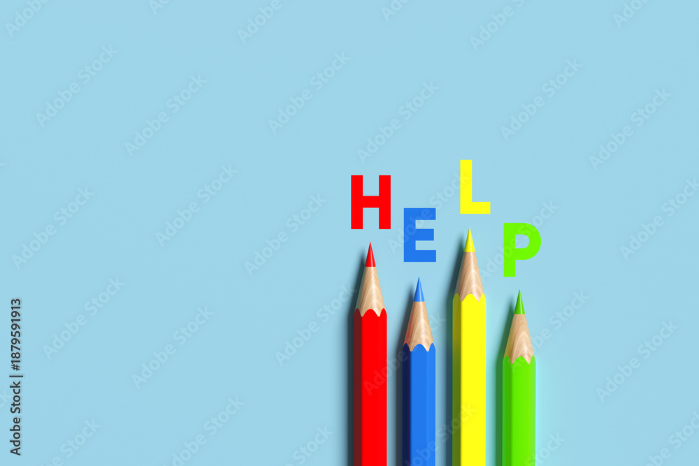 Obraz premium Four colored pencils forming the word help