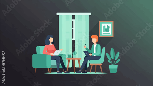 Two people sit in a room, one on a sofa, the other on a chair, both looking at laptops