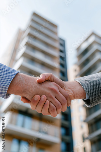 architects shaking hands background of modern apartment building 