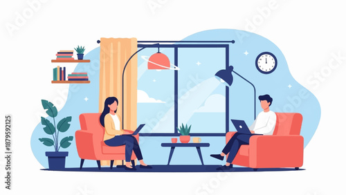 Two people sit in armchairs in a living room, each working on a laptop, with a large window