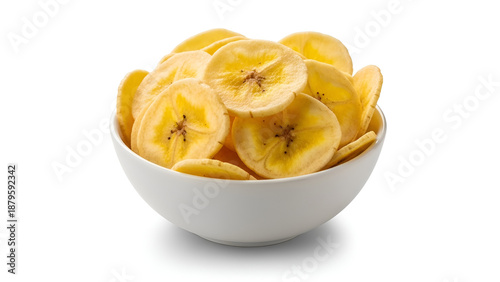 Crispy banana chips served in a white bowl on clean background with soft light. Ideal for snack food, healthy snack, and food product concepts.
