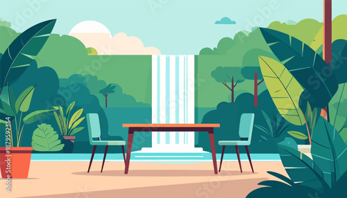 Tropical paradise scene with a table and chairs set against a waterfall and lush greenery