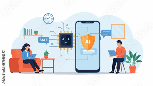 Two people engage with AI technology on laptops and a large phone, symbolizing smart safety