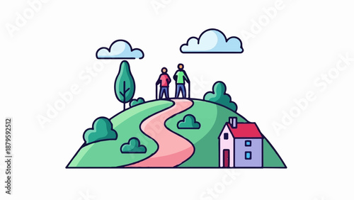 Two people hike up a winding path to a hilltop house, with trees and clouds