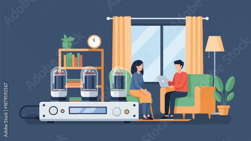 Two people in a cozy living room with audio equipment and books