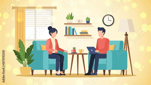 Two people in a cozy room, one on a laptop, the other relaxing on a sofa