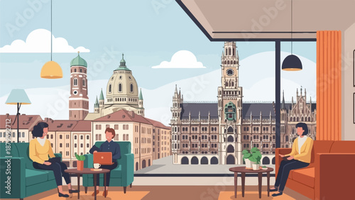 Two people in a modern apartment enjoying coffee and city views