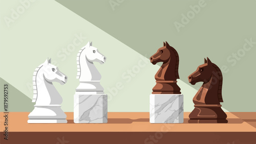Two white and two brown chess knight pieces are positioned on a wooden surface