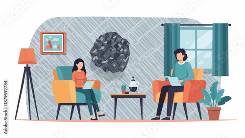 Two people sit in armchairs in a room, reading