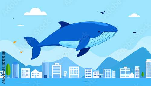 Whimsical blue whale glides above minimalist city skyline under a bright sky