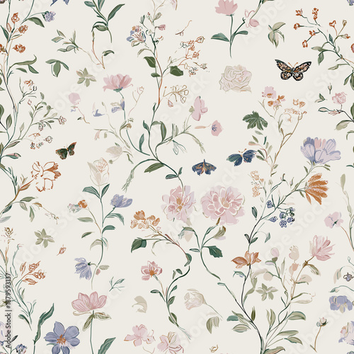 Romantic Floral Toile Seamless Pattern 3 with Butterflies and Bows Whimsical Vintage Botanical Design. Vector Illustration