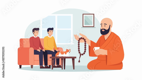 Two men and a dog listen to a monk holding prayer beads in a cozy room