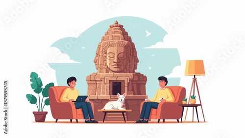 Two men and a dog relaxing in armchairs before a large, multi-faced stone sculpture