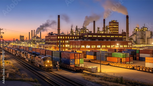 Industrial train transporting colorful shipping containers at a factory during sunset with smokestacks.Only Illustration
