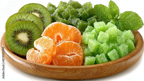 Post-workout vitamin C top shot: low-fat high-fiber watermelon orange kiwi cubes lined on wood, mint boosts freshness, white isolation, ideal for fitness nutrition blog