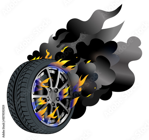 Car Wheel on Fire with Smoke Vector Illustration