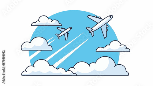Two airplanes soar through a sky filled with fluffy white clouds against a bright blue backdrop