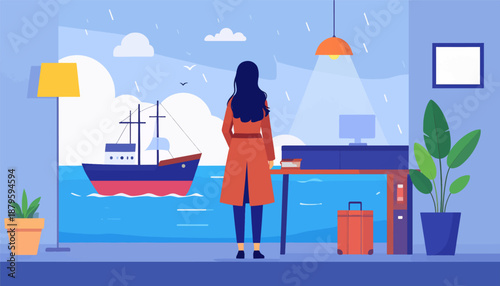 Woman in orange coat gazes at ship from room with plants and desk