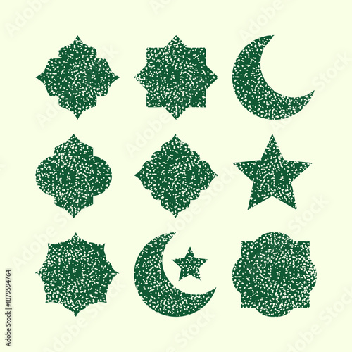 Set of nine green textured Islamic geometric shapes and symbols including stars and crescent moons on a light background.