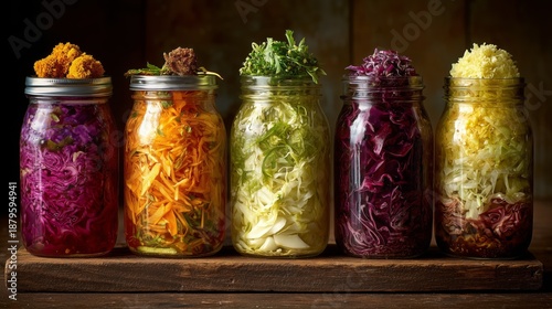 Various jars filled with colorful fermented vegetables displayed on a wooden board in a kitchen setting