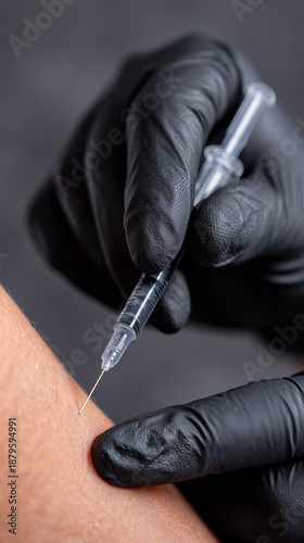 Close-up of person receiving an injection in an arm with a syringe and black gloves in a clinical setting