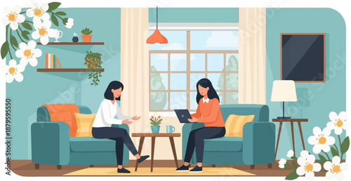 Two women conversing in a cozy living room with floral decor