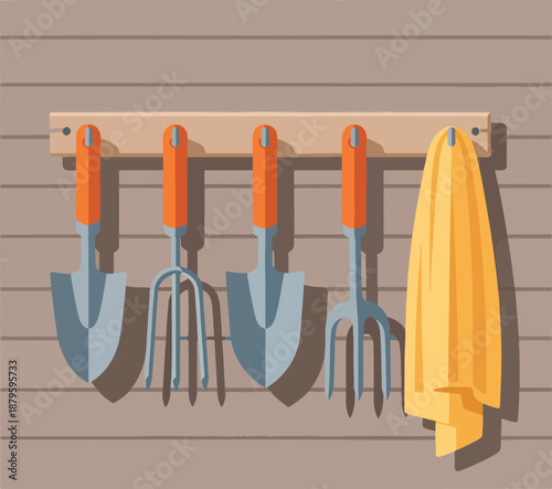 Gardening tools on rack.