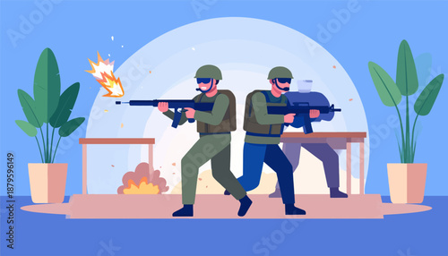 Two armed figures in military attire engage in combat with gunfire and explosions