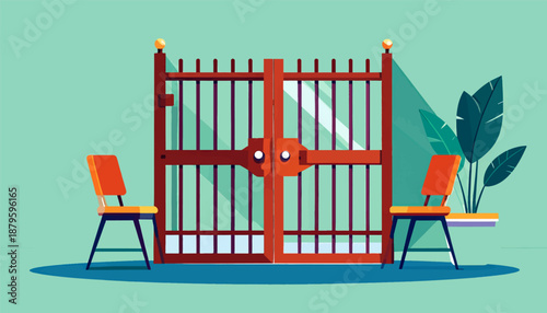 Two orange chairs flank a rustic red gate with decorative balls