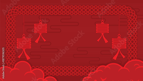 The Chinese New Year celebrations feature decorations with clouds and lanterns, primarily using red as the main color.