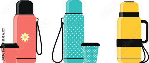 Reusable thermos bottle and travel mug icons set for hot drinks outdoor and daily use